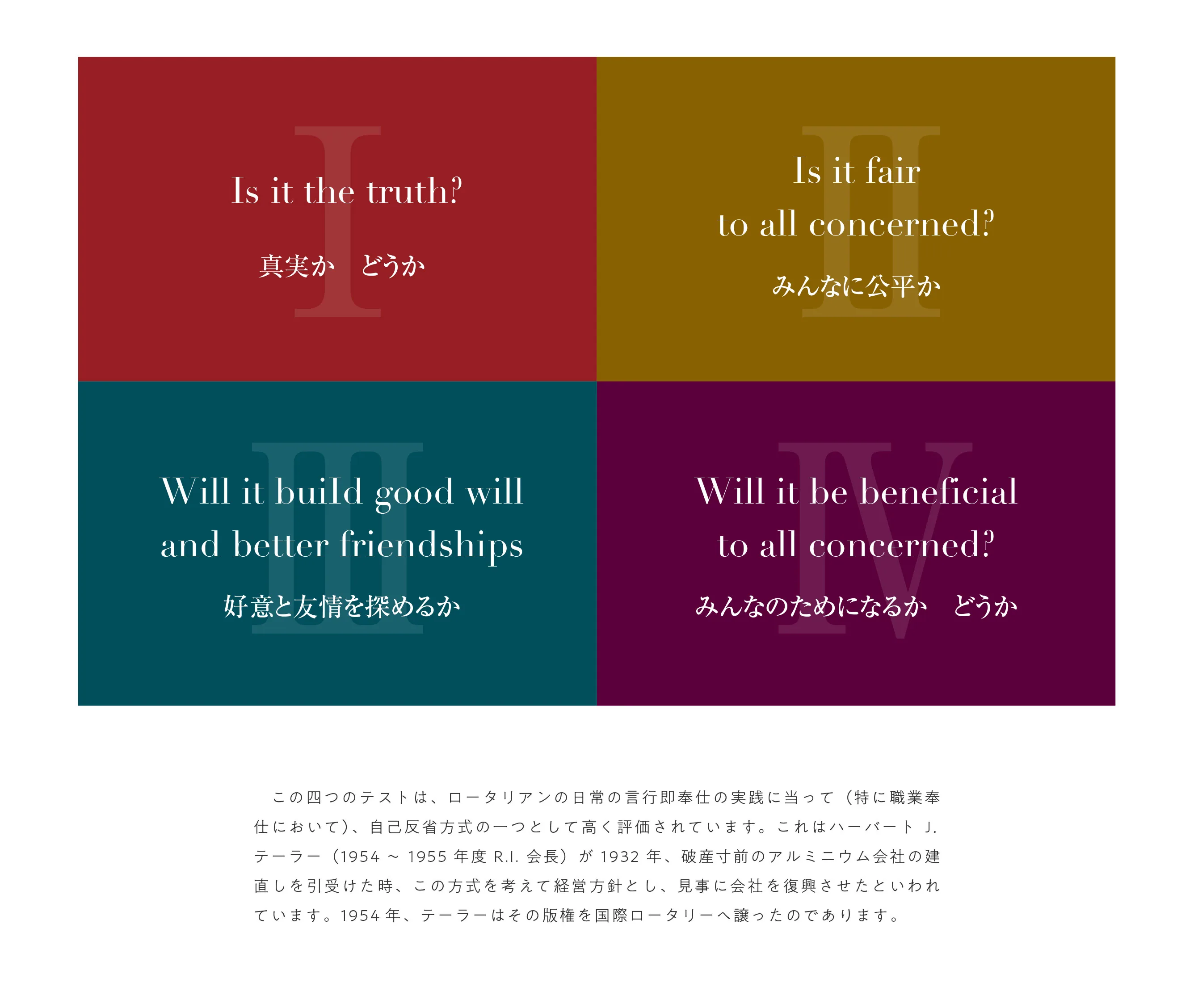 四つのテスト(真実かどうか・みんなに公平か・好意と友情を深めるか・みんなのためになるかどうか)